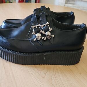 TUK Black Leather Platform Shoes with Skull Detail